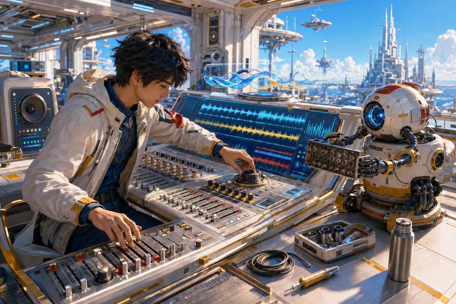 An engineer and audio robot at a professional sound console