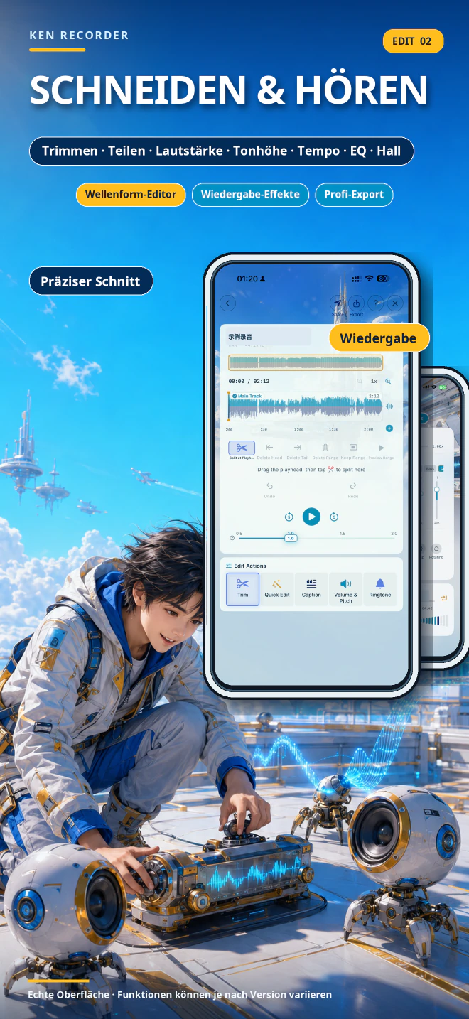 Ken Recorder Einführungskarte für Bearbeitung und Wiedergabe mit echten Wellenform- und Wiedergabesteuerungen.