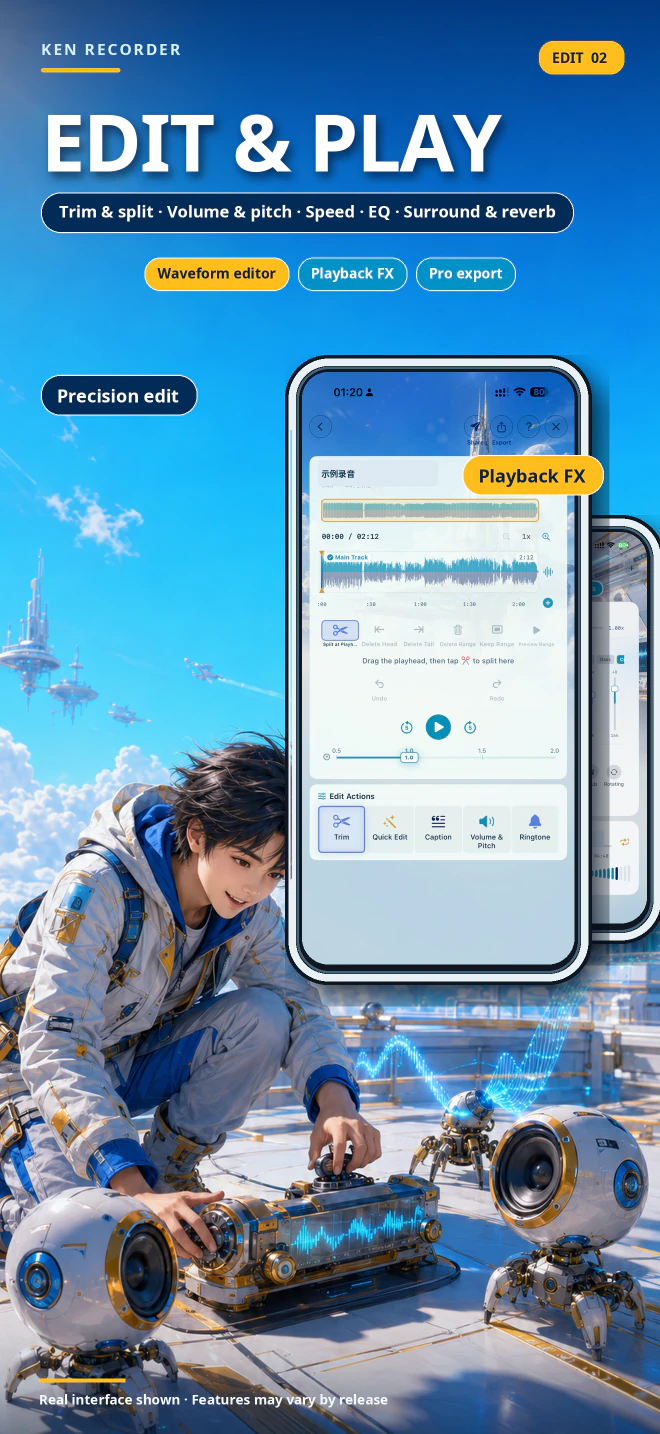 Ken Recorder editing and playback introduction card with real waveform editing and playback controls.