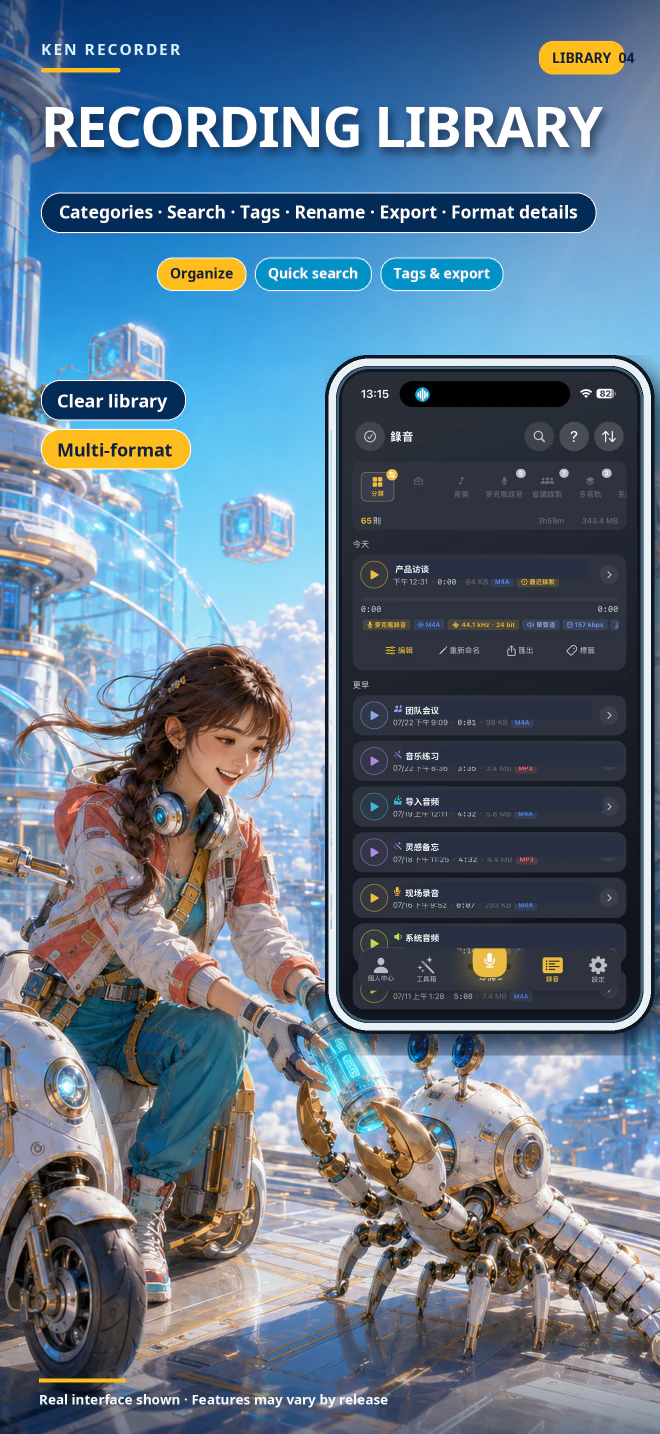 Ken Recorder recording library introduction card with real category, search, tag, export, and format-detail screens.