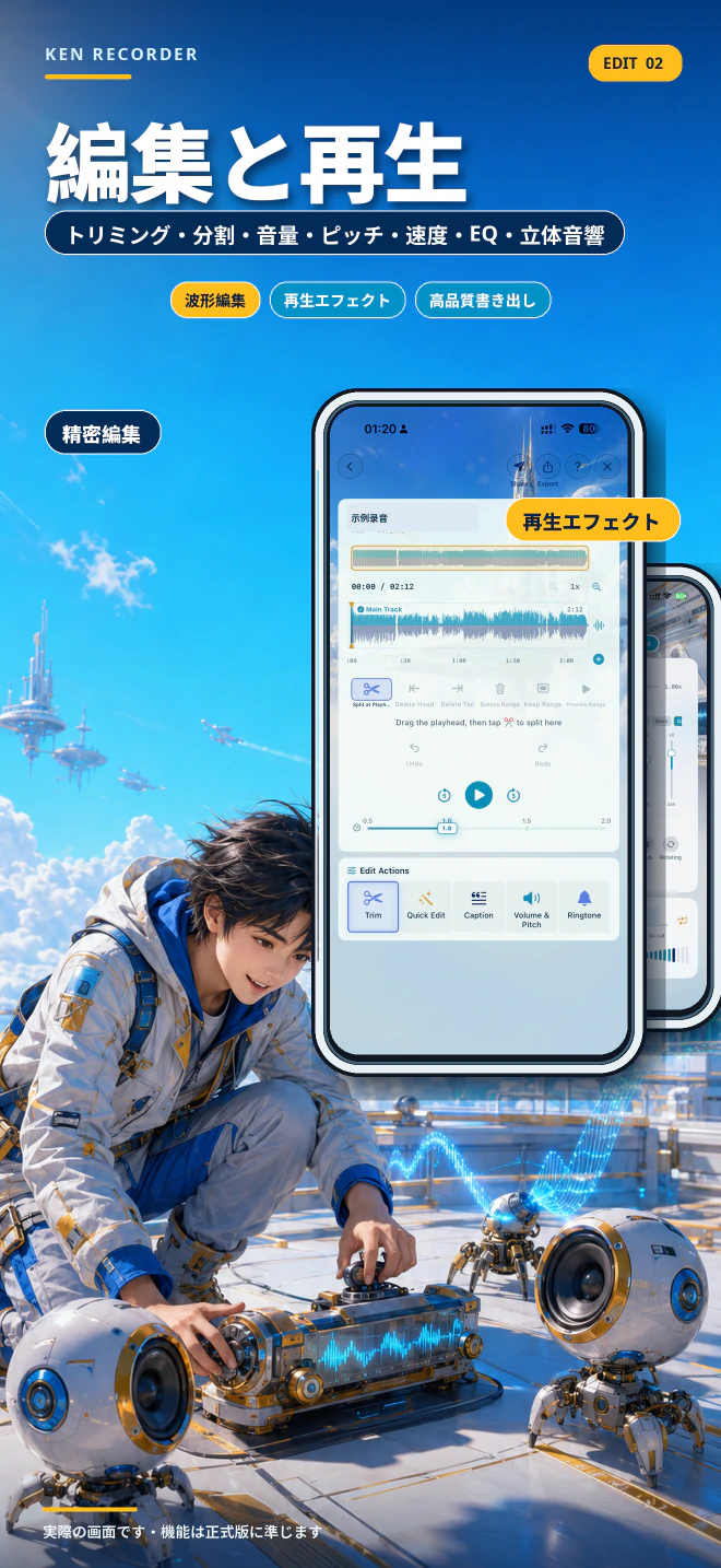 Ken Recorder の編集・再生紹介カード。実際の波形編集画面と再生コントロールを表示しています。