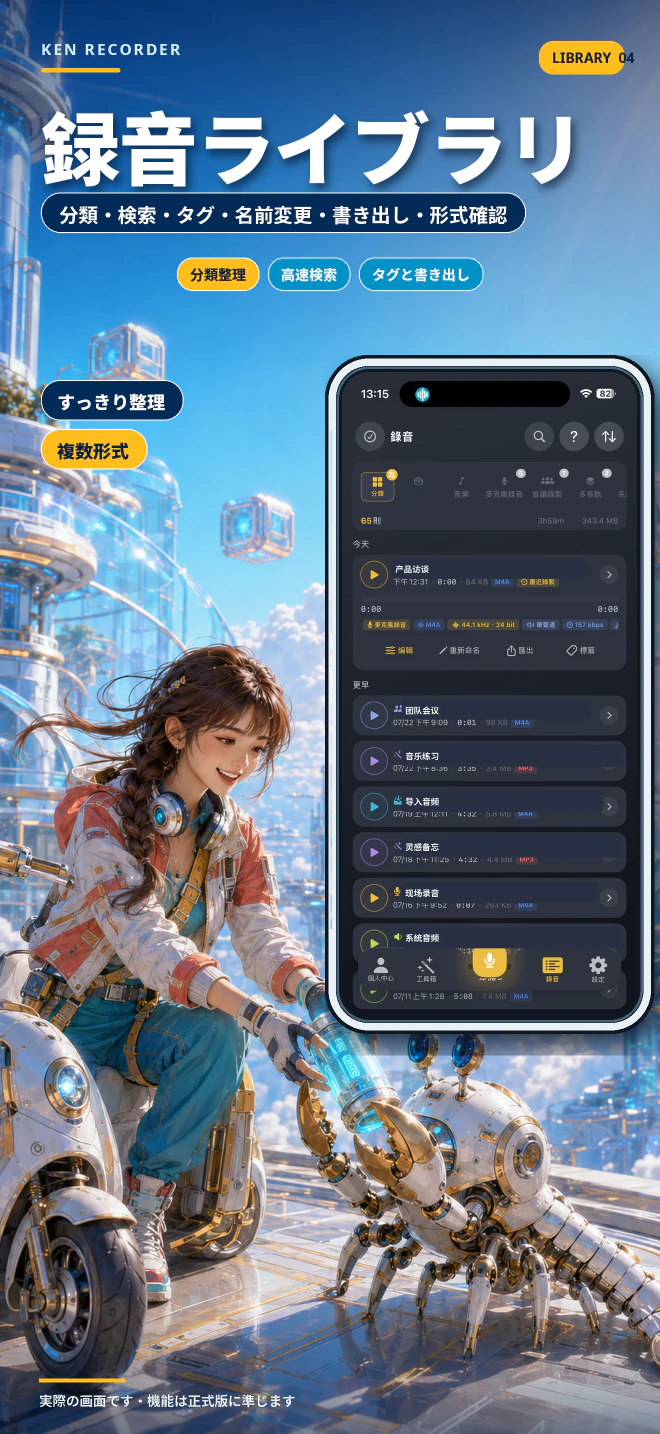 Ken Recorder の録音ライブラリ紹介カード。実際の分類、検索、タグ、書き出し、形式情報画面を表示しています。