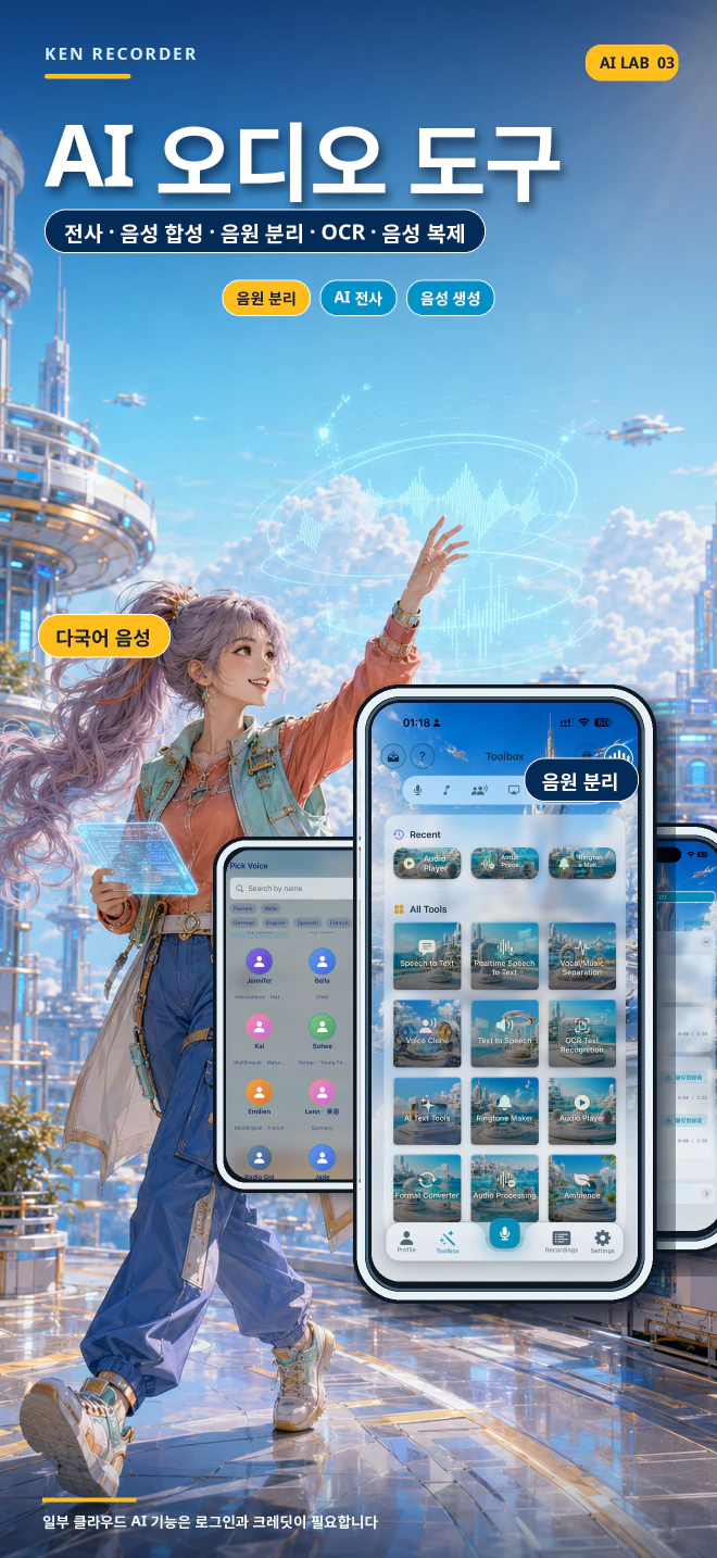 실제 전사, 스템 분리, OCR, TTS 및 음성 복제 화면이 포함된 Ken Recorder AI 오디오 도구 소개 카드입니다.