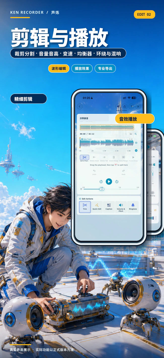 Ken Recorder 编辑与播放介绍卡,展示真实的波形剪辑和播放控制界面。
