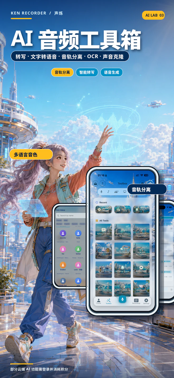 Ken Recorder AI 音频工具介绍卡,展示真实的转写、音轨分离、OCR、TTS 和声音克隆界面。