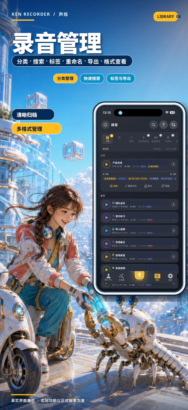 Ken Recorder 录音资料库介绍卡,展示真实的分类、搜索、标签、导出和格式信息界面。