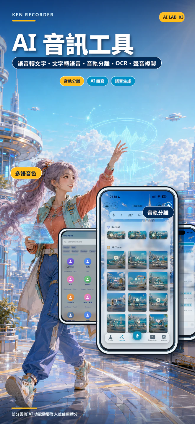 Ken Recorder AI 音訊工具介紹卡,展示真實的轉寫、音軌分離、OCR、TTS 和聲音複製介面。