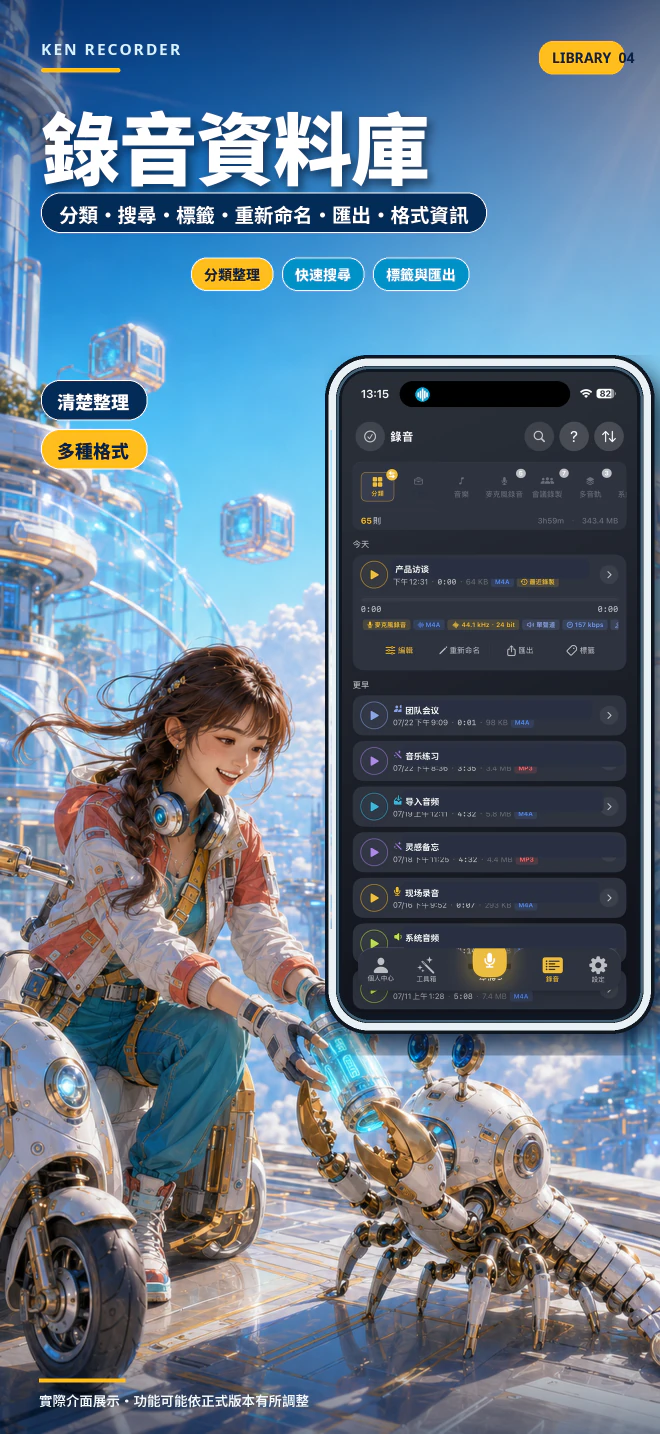 Ken Recorder 錄音資料庫介紹卡,展示真實的分類、搜尋、標籤、匯出和格式資訊介面。